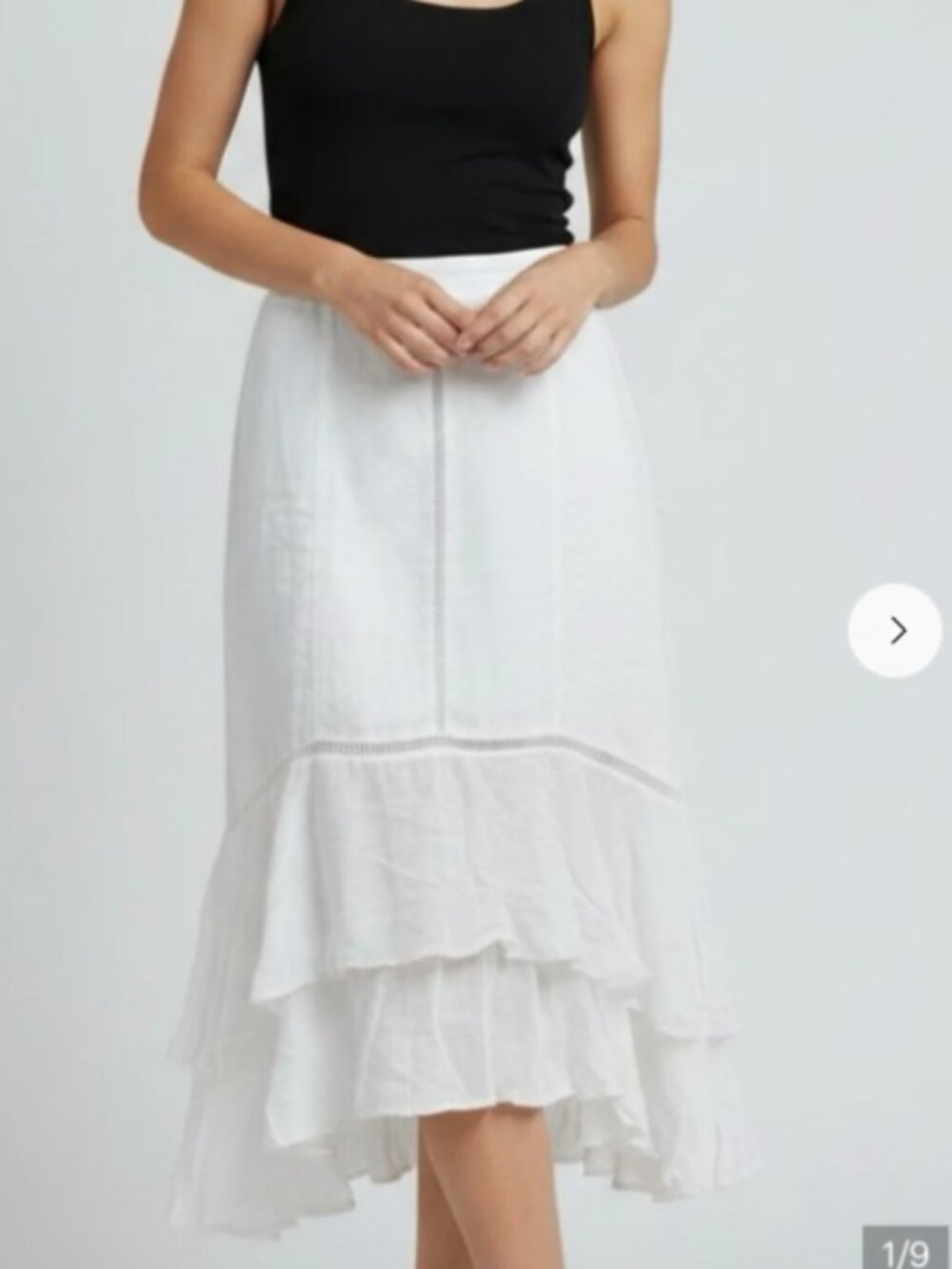 Chico's White Midi Skirt w/ Chiffon Tiered Ruffle Layered Hem Size 1 M